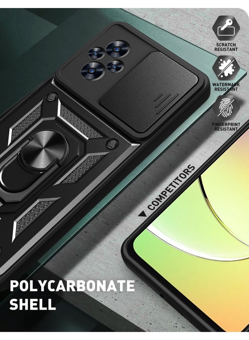 Shunjia Sliding Window Case, Shockproof Rugged Armor with Sliding Camera Cover & 360° Ring Kickstand, Compatible with Realme C67 (Blue) - Image 4