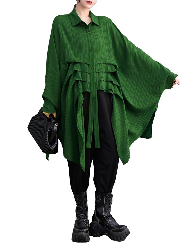 ellazhu Women's Long Batwing Sleeve Funky Inregular Hem High Low Button Down Shirt GZ127 Green - Image 1