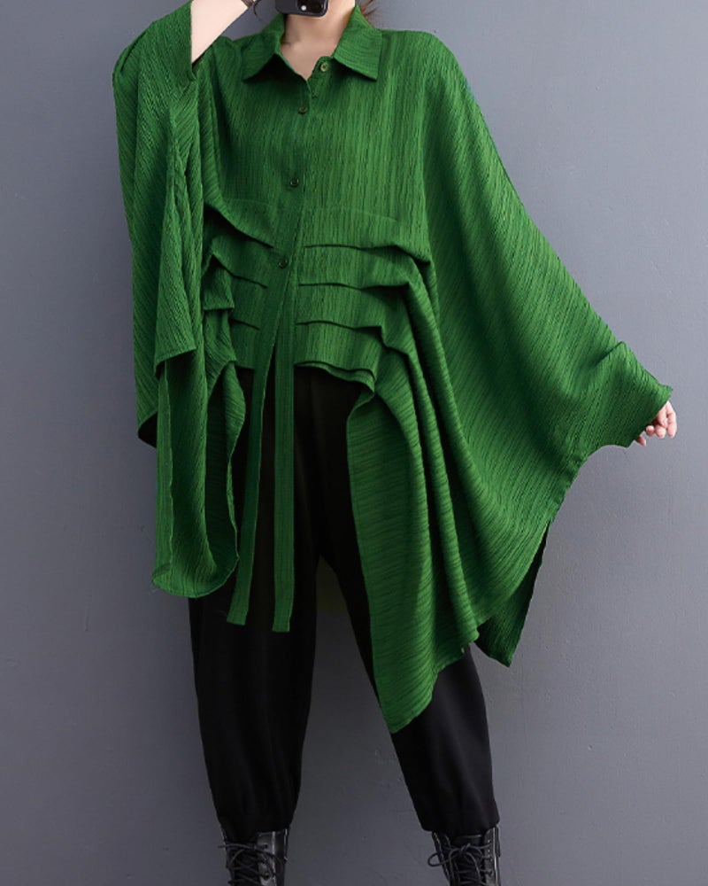 ellazhu Women's Long Batwing Sleeve Funky Inregular Hem High Low Button Down Shirt GZ127 Green - Image 3