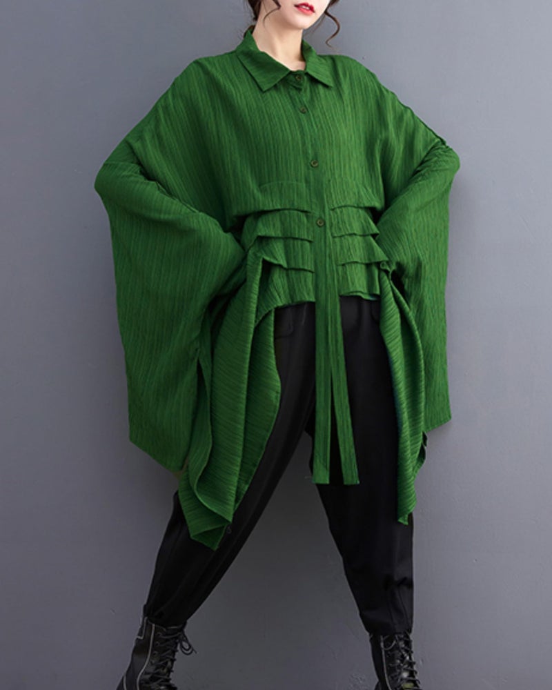 ellazhu Women's Long Batwing Sleeve Funky Inregular Hem High Low Button Down Shirt GZ127 Green - Image 4