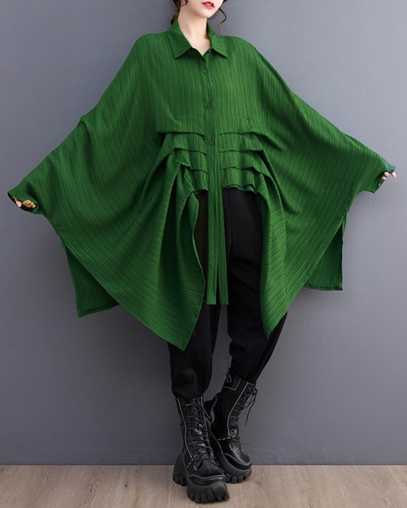 ellazhu Women's Long Batwing Sleeve Funky Inregular Hem High Low Button Down Shirt GZ127 Green - Image 2