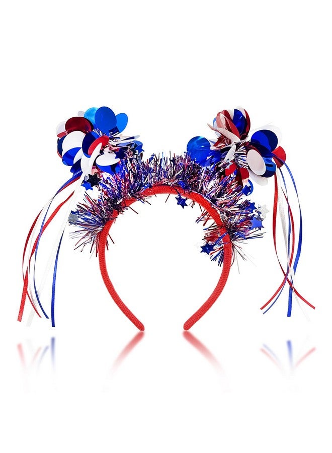 Doneace Patriotic Pom Pom Headband, 4th of July Independence Day Parade Party Headbands, Blue Red White American Flag Star Design Ribbon Hair Band, Fluffy Ball Hair Band for Women Girls Kids - Image 1