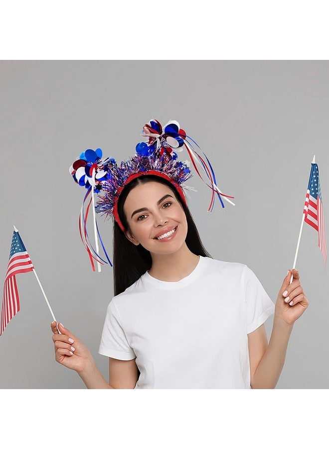 Doneace Patriotic Pom Pom Headband, 4th of July Independence Day Parade Party Headbands, Blue Red White American Flag Star Design Ribbon Hair Band, Fluffy Ball Hair Band for Women Girls Kids - Image 3