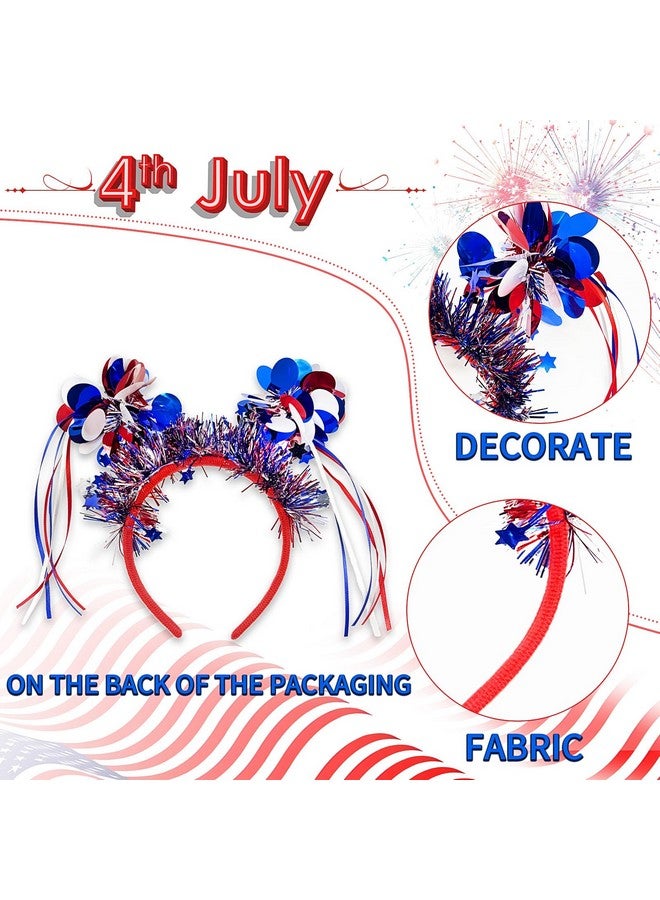 Doneace Patriotic Pom Pom Headband, 4th of July Independence Day Parade Party Headbands, Blue Red White American Flag Star Design Ribbon Hair Band, Fluffy Ball Hair Band for Women Girls Kids - Image 2