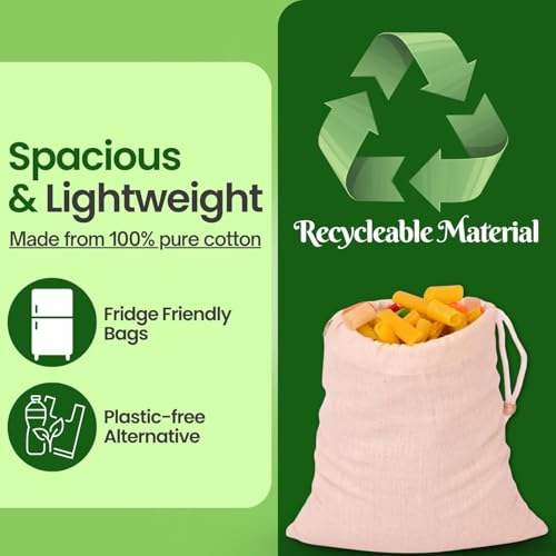 RNTR Cotton & Jute Reusable Fridge Storage Bags for Fruits & Vegetables – Multi-Size Drawstring Bags for Eco-Friendly Food Storage (Set of 12) - Image 5