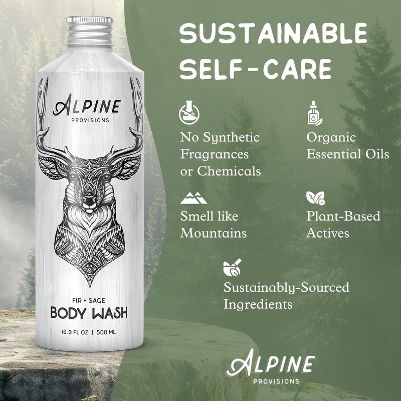 Alpine Provisions Natural Fir & Sage Moisturizing Body Wash â€“ Refreshing with Essential Oils, Aloe Vera & Coconut Oil â€“ Vegan, Sulfate-Free, Plastic-Free Aluminum Bottle â€“ 16.9 FL Oz - Image 2