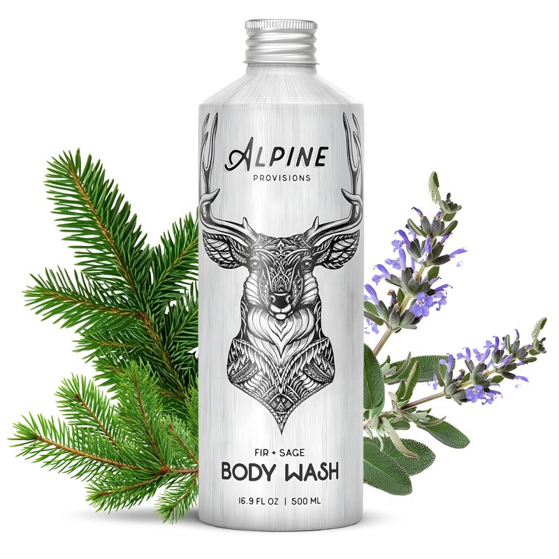 Alpine Provisions Natural Fir & Sage Moisturizing Body Wash â€“ Refreshing with Essential Oils, Aloe Vera & Coconut Oil â€“ Vegan, Sulfate-Free, Plastic-Free Aluminum Bottle â€“ 16.9 FL Oz - Image 1