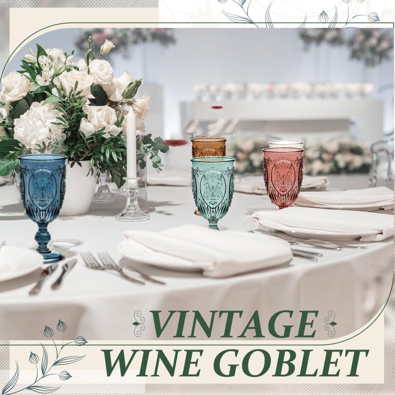 Wiwiqing 24 Pcs Plastic Goblets 7.5oz Vintage Goblet Plastic Wine Glasses Colored Retro Embossed Water Goblets for Wine Bar Juice Baby Shower Wedding Reception Grand Event Party (Mixed Color) - Image 5