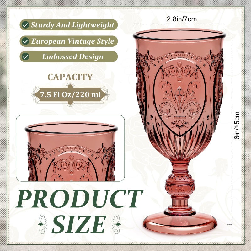 Wiwiqing 24 Pcs Plastic Goblets 7.5oz Vintage Goblet Plastic Wine Glasses Colored Retro Embossed Water Goblets for Wine Bar Juice Baby Shower Wedding Reception Grand Event Party (Mixed Color) - Image 3