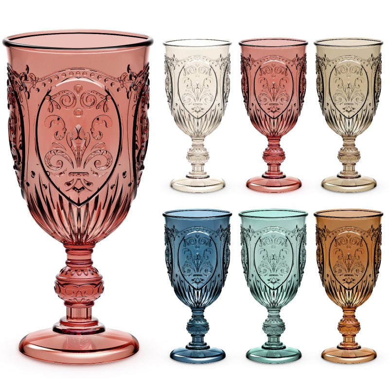 Wiwiqing 24 Pcs Plastic Goblets 7.5oz Vintage Goblet Plastic Wine Glasses Colored Retro Embossed Water Goblets for Wine Bar Juice Baby Shower Wedding Reception Grand Event Party (Mixed Color) - Image 1