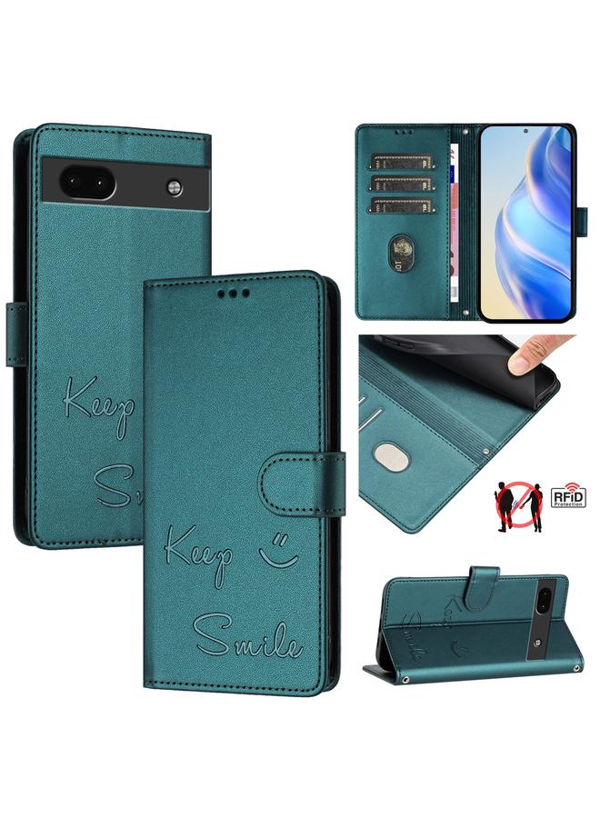 Zaboon For Google Pixel 6a Smile Embossing RFID Leather Phone Case(Peacock Green)