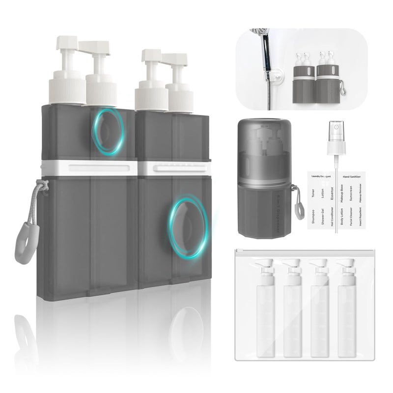 YOTIME 4 in 1 Travel Dispenser Bottle, Vacuum Silicone Suction Cup for Smooth Walls, TSA Approved Leak Proof Travel Size Containers for Toiletries, Shampoo, Body Wash and Conditioner, Gray - Image 1