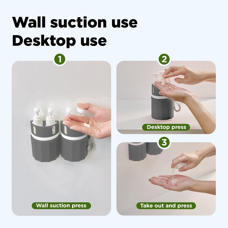 YOTIME 4 in 1 Travel Dispenser Bottle, Vacuum Silicone Suction Cup for Smooth Walls, TSA Approved Leak Proof Travel Size Containers for Toiletries, Shampoo, Body Wash and Conditioner, Gray - Image 4