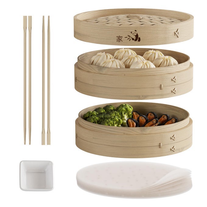 BAMBOO STEAMER BASKET 10INCH 2TIER STEAMER FOR COOKING 50 LINERS CHOPSTICKS SAUCE DISH STEAMING ASIAN FOOD BAO BUNS CHINESE DIM SUM DUMPLING RICE VEGETABLE STEAM POT