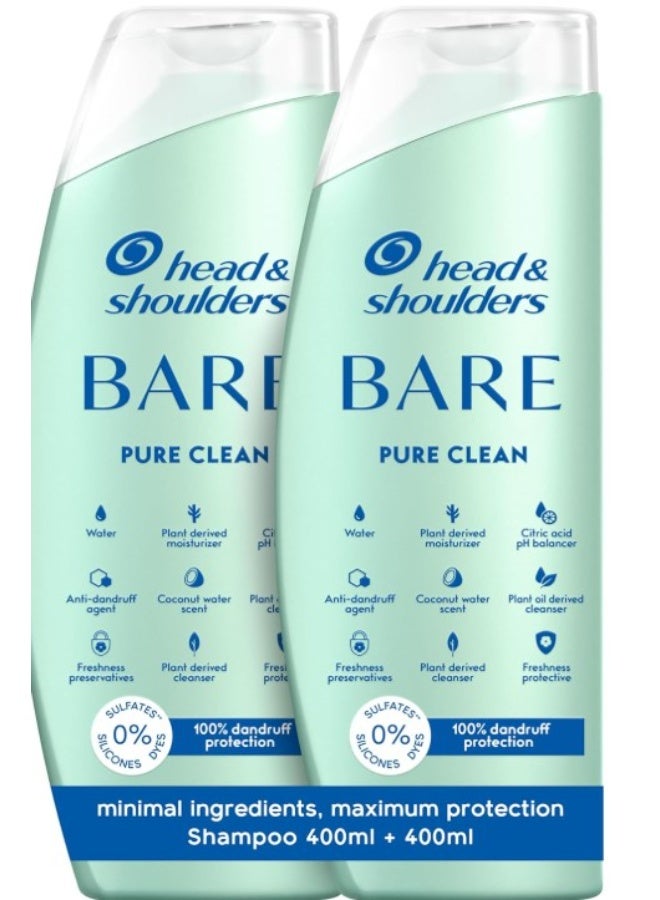 Head & Shoulders BARE Pure Clean Shampoo, Minimal Ingredients, Maximum Dandruff protection, Sulfate free, Designed for oily scalp 400ml x 2, Dual Pack