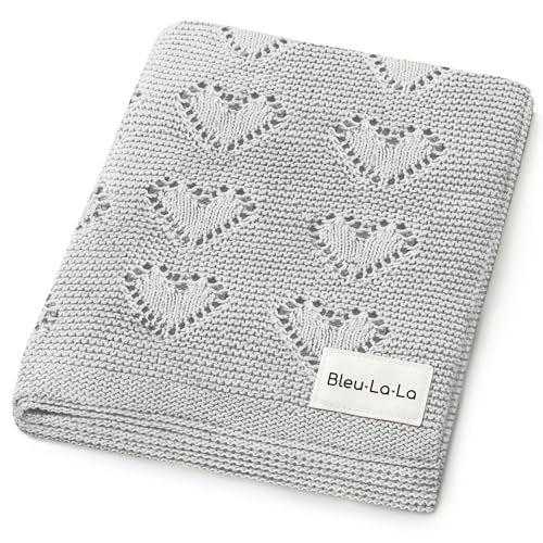 Bleu La La Heirloom Knit Heart Receiving Unisex Blanket for Boys and Girls - 100% Luxury Cotton Baby Blanket - Soft Warm Swaddle Receiving Blanket for Newborns Infants & Toddlers (Dove Grey) - Image 1