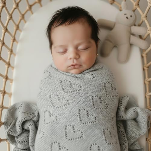 Bleu La La Heirloom Knit Heart Receiving Unisex Blanket for Boys and Girls - 100% Luxury Cotton Baby Blanket - Soft Warm Swaddle Receiving Blanket for Newborns Infants & Toddlers (Dove Grey) - Image 2