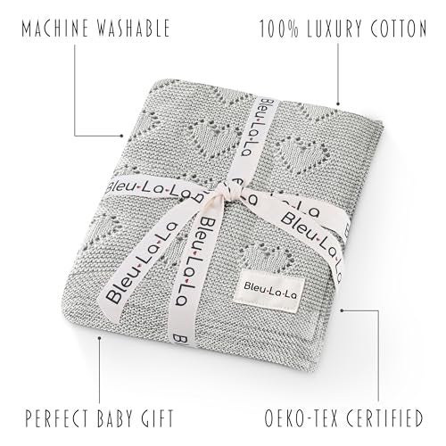 Bleu La La Heirloom Knit Heart Receiving Unisex Blanket for Boys and Girls - 100% Luxury Cotton Baby Blanket - Soft Warm Swaddle Receiving Blanket for Newborns Infants & Toddlers (Dove Grey) - Image 3