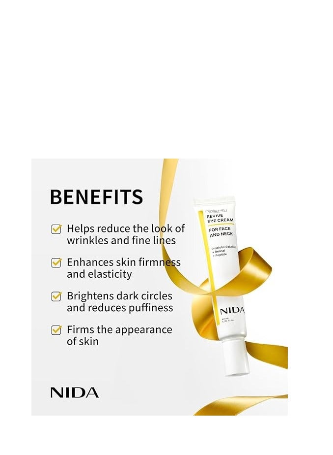 نيدا كريم العيون NIDA Revive للوجه والرقبة. حلول البروبيوتيك، الشبكية، الببتيد. التجاعيد، الخطوط الدقيقة، دوران الخلايا، نسيج الجلد الثابت، الجلد المشع، الاحتفاظ بالرطوبة. 1.35 أوقية فلورية، 40 مل - Image 2