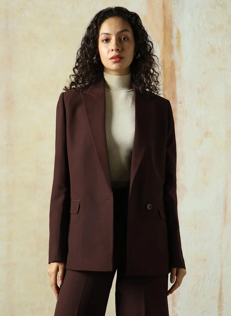 HIGH STAR Women's Brown Cotton Blend Solid Oversized Blazer