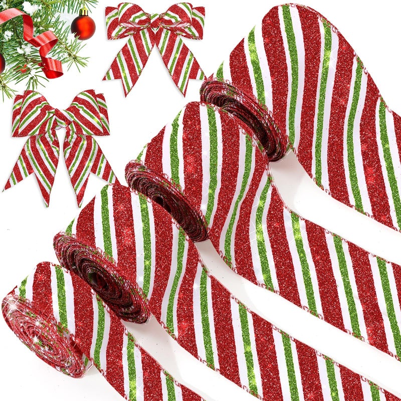 Ysleen 4 Rolls 24 Yards Christmas Red Green Ribbons Glitter Candy Cane Wired Ribbons for Christmas Tree Craft Gift Wrapping Decorative Supplies