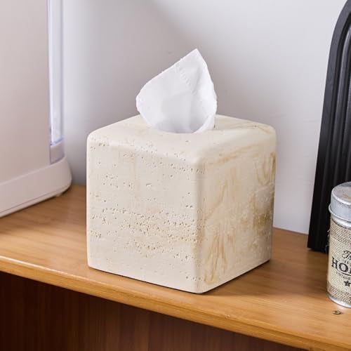 HOLOLA Natural Travertine Tissue Box Cover – Modern Resin Cube Holder for Bathroom, Bedroom, Office – Decorative Square Tissue Box for Countertop, Nightstand, Vanity & Desk – Heavy&Sturdy - Image 3