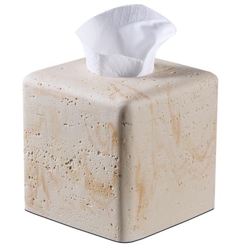 HOLOLA Natural Travertine Tissue Box Cover – Modern Resin Cube Holder for Bathroom, Bedroom, Office – Decorative Square Tissue Box for Countertop, Nightstand, Vanity & Desk – Heavy&Sturdy - Image 1