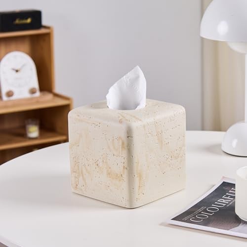 HOLOLA Natural Travertine Tissue Box Cover – Modern Resin Cube Holder for Bathroom, Bedroom, Office – Decorative Square Tissue Box for Countertop, Nightstand, Vanity & Desk – Heavy&Sturdy - Image 2