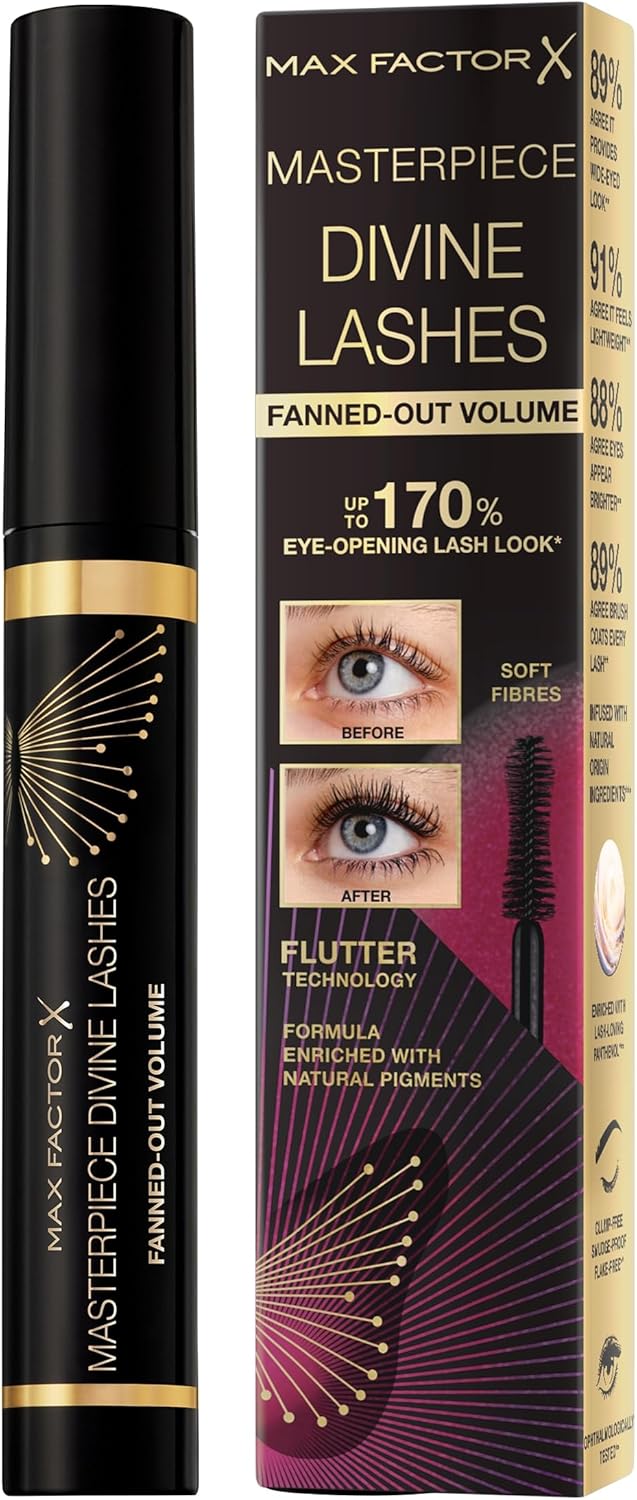Max Factor Divine Lashes Mascara Rich Black 001, Ultimate Volume, Flutter Technology, 420-Fibre Silhouette Brush, Smooth & Clump Free, All Day Wear - Image 1