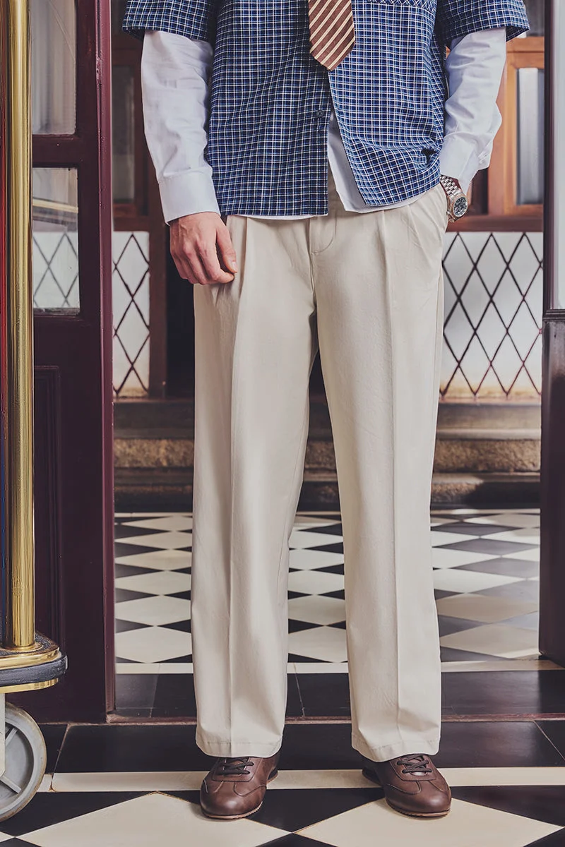 SNITCH Beige Solid Wide Leg Casual Trousers