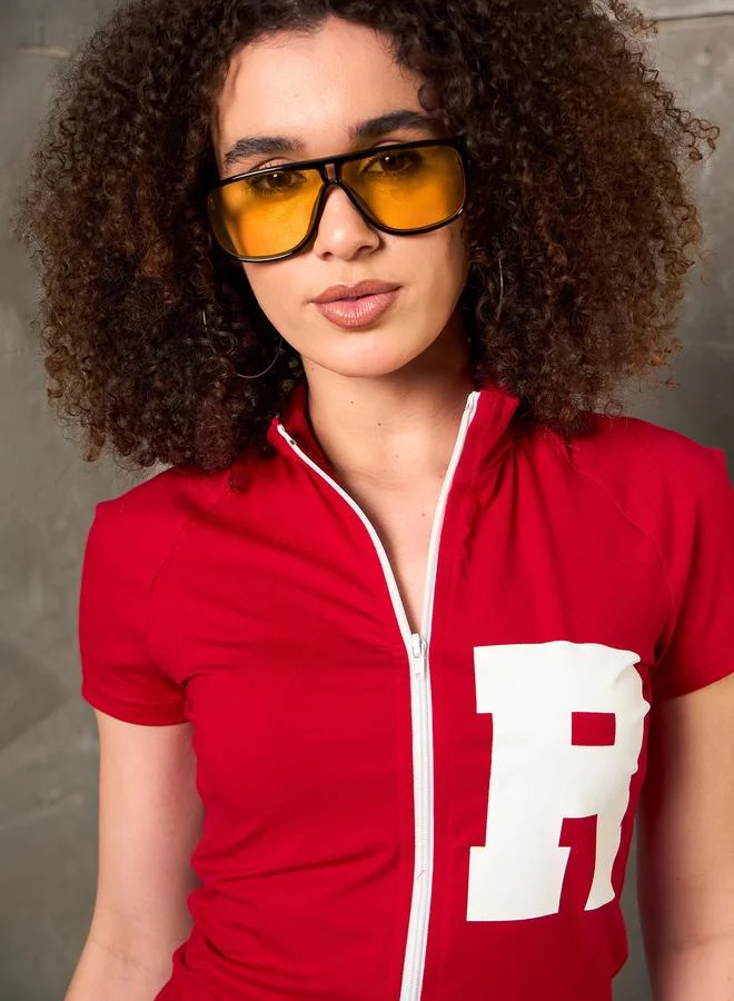 SASSAFRAS Sassafras Red Front Zipper Initial Print Fitted T-Shirt