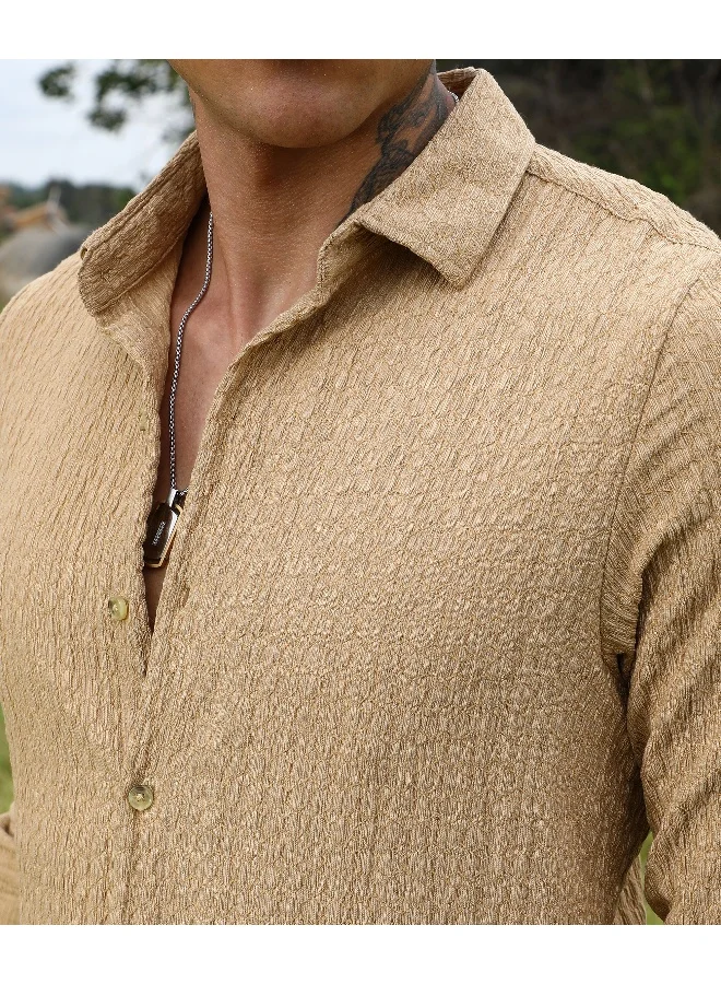 CAHOOT  Men's Buff Beige Micro Hexagon-Lined Shirt For Casual Wear | Spread Collar | Long Sleeve | Button Closure | Shirt Crafted With Comfort Fit For Everyday Wear for Men | Best Price UAE