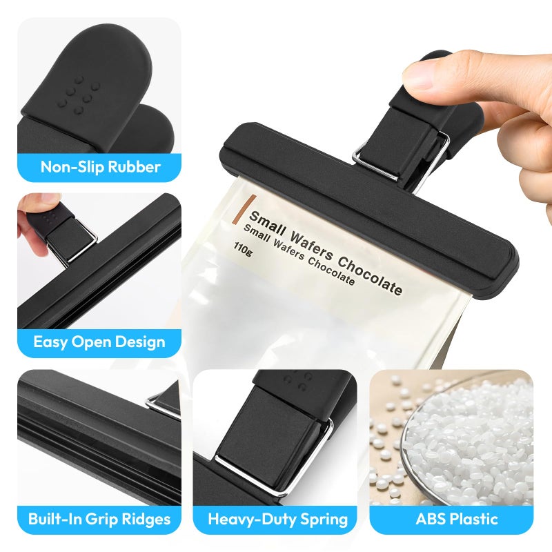 OWLKELA Chip Clips, 6 Pack Black Wide Open Bag Clips for Food Storage, Heavy Duty Seal Grips Plastic Food Clip for Snack, Packages (6 inch x 3.4 inch) - Image 3