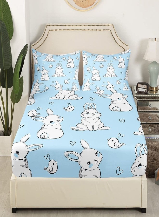 Feelyou Kids Rabbit Bedding Sheets Cute Rabbit Heart Bed Sheet Set for Boys Girls Watercolor Cartoon Wild Animal Decor Bedding Fitted Sheet Blue Bed Cover Bedroom Collection 2Pcs Twin Size - Image 3
