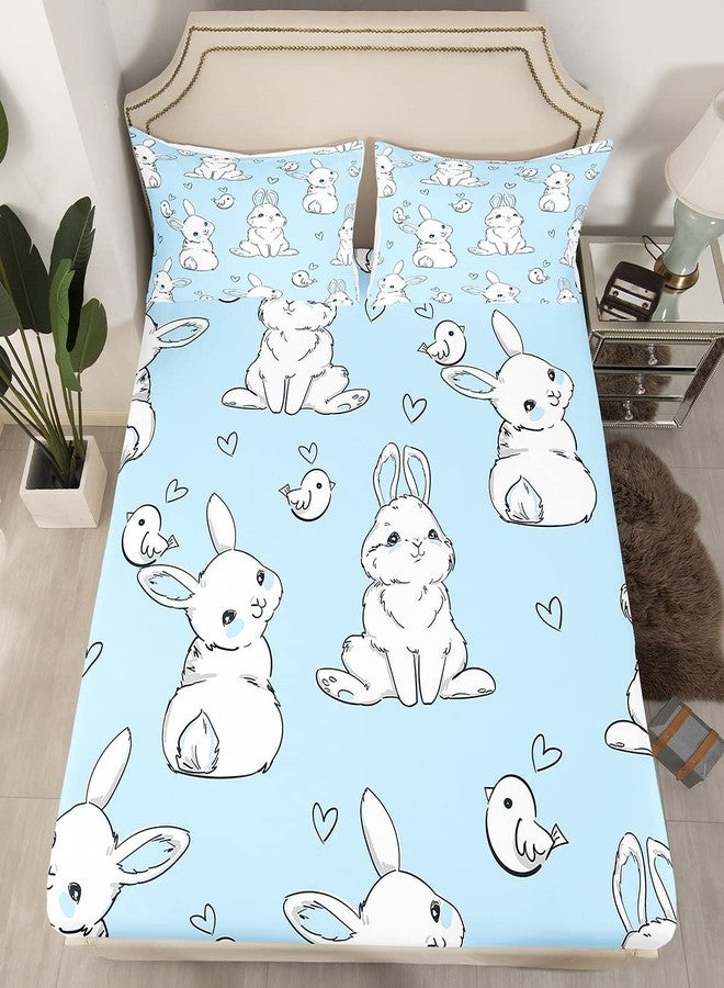 Feelyou Kids Rabbit Bedding Sheets Cute Rabbit Heart Bed Sheet Set for Boys Girls Watercolor Cartoon Wild Animal Decor Bedding Fitted Sheet Blue Bed Cover Bedroom Collection 2Pcs Twin Size - Image 2