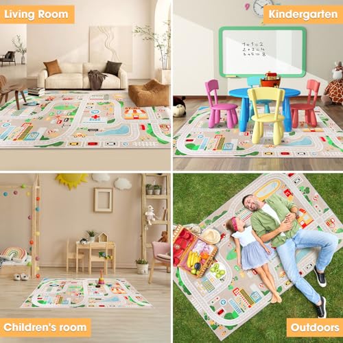 IKITOT Kid Rug Carpet Playmat for Toy Cars and Train，Play Area Rug with Rubber Backing，Fun Throw Rug，Ideal Gift for Children Baby Bedroom Play Room(80×120cm/32×47in) - Image 4
