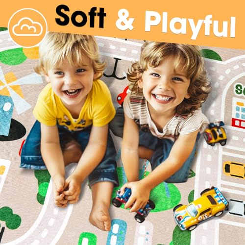 IKITOT Kid Rug Carpet Playmat for Toy Cars and Train，Play Area Rug with Rubber Backing，Fun Throw Rug，Ideal Gift for Children Baby Bedroom Play Room(80×120cm/32×47in) - Image 3