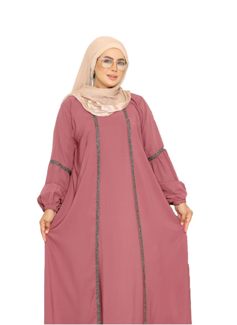 Abaya, robe, fitted with a cat, 3 pieces, material is crepe, size is free size, can be worn up to 90 kilos for women