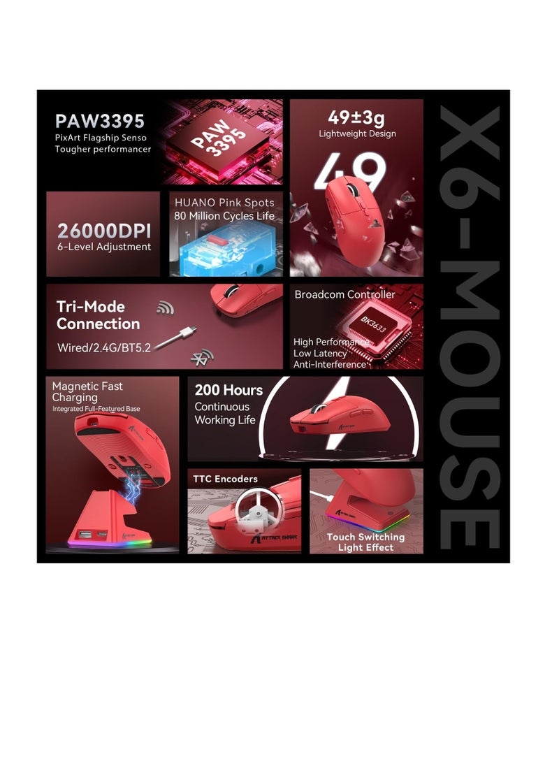 Attack Shark - ATTACK SHARK X6 Lightweight Wireless Gaming Mouse with RGB Backlight Charging Base,Tri-Mode Wired (Red) - Image 1