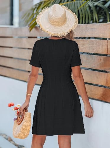 popvil Summer Cocktail Dresses for Women 2026 Spring Elegant A-Line Short Dress Boat Neck Casual Short Sleeve Mini Dress Work Party(Black,Small) - Image 3