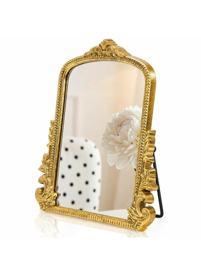ZOOFOX Vintage Vanity Desk Table Mirror, 11.8" x 9.6" Arched Antique Makeup Mirror with Full Wooden Frame, Small Standing Carved Baroque Mirror for Living Room, Bedroom Dresser, Desktop Decor - Image 1