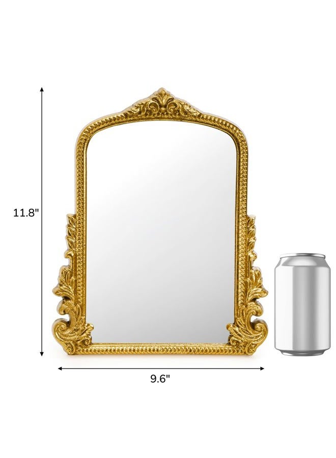 ZOOFOX Vintage Vanity Desk Table Mirror, 11.8" x 9.6" Arched Antique Makeup Mirror with Full Wooden Frame, Small Standing Carved Baroque Mirror for Living Room, Bedroom Dresser, Desktop Decor - Image 2