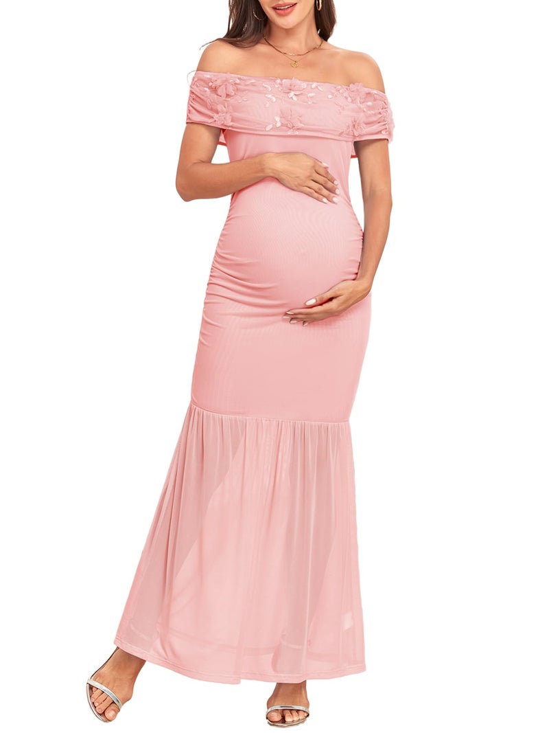 AISWI Maternity Off The Shoulder Dress 3D Floral Mesh Ruched Pregnancy Dresses for Baby Shower Photoshoot, Blush Pink, L - Image 1