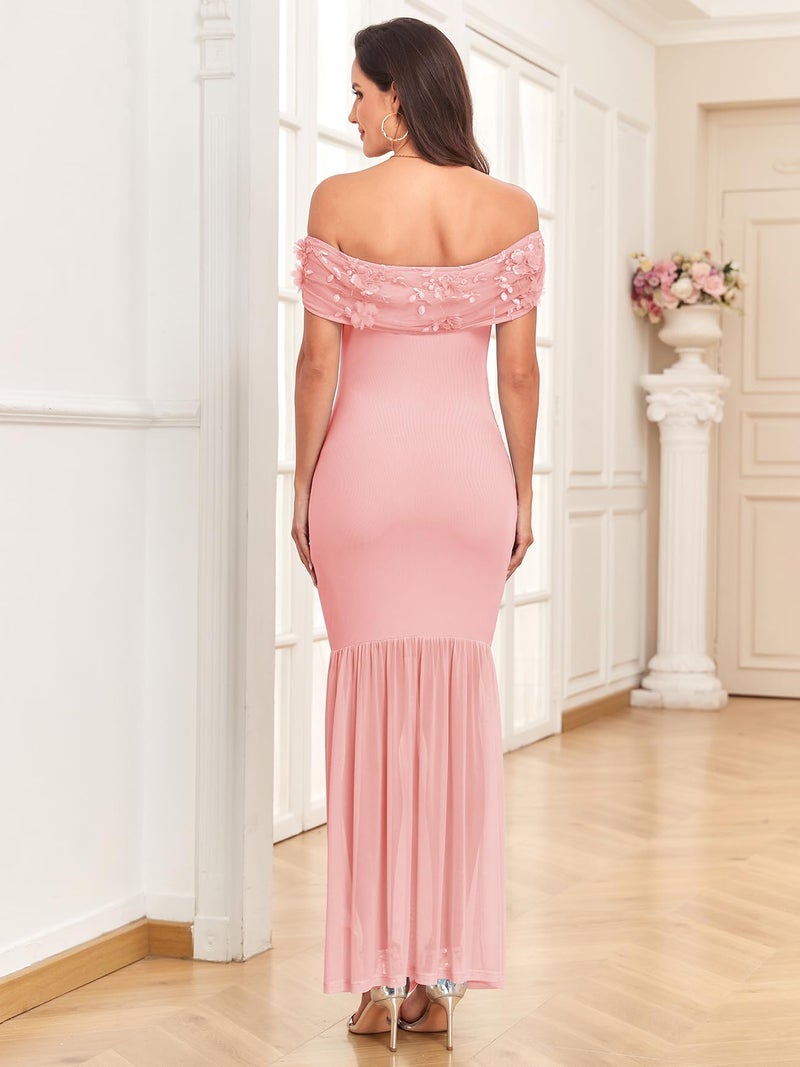 AISWI Maternity Off The Shoulder Dress 3D Floral Mesh Ruched Pregnancy Dresses for Baby Shower Photoshoot, Blush Pink, L - Image 5
