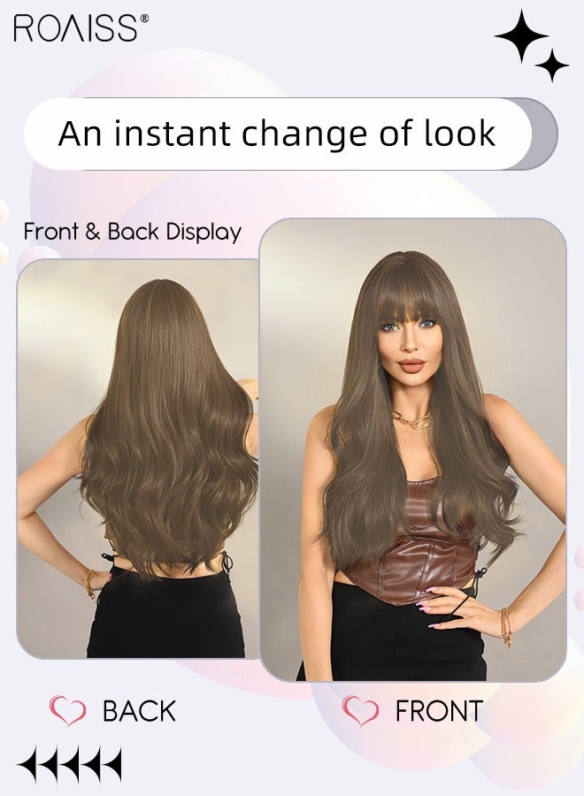 رويس شعر مستعار طويل مموج مع شعر ناصية للنساء، شعر مستعار صناعي ناعم طبيعي مقاوم للحرارة لحفلات الزفاف وحفلات التنكرية والارتداء اليومي، بني الكتان، 65 سم (26 بوصة) - Image 2