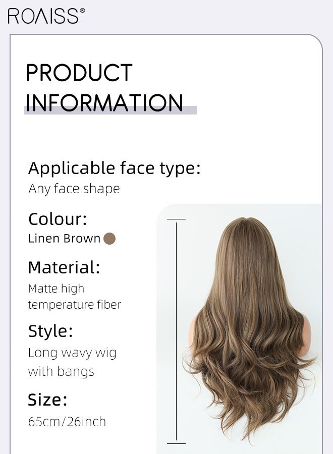 رويس شعر مستعار طويل مموج مع شعر ناصية للنساء، شعر مستعار صناعي ناعم طبيعي مقاوم للحرارة لحفلات الزفاف وحفلات التنكرية والارتداء اليومي، بني الكتان، 65 سم (26 بوصة) - Image 3