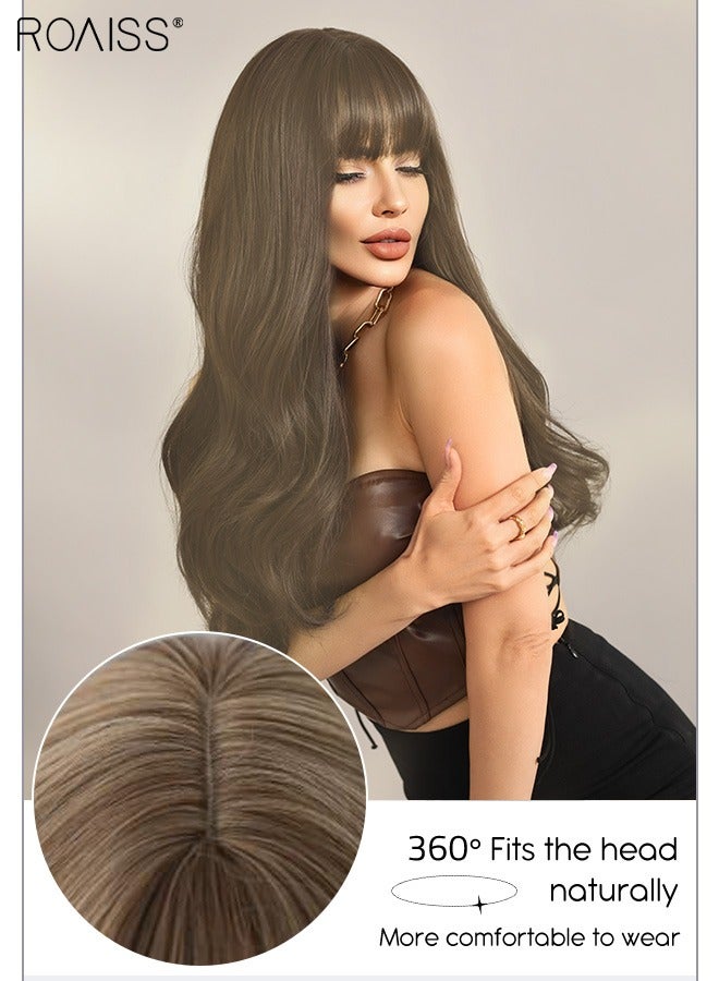 رويس شعر مستعار طويل مموج مع شعر ناصية للنساء، شعر مستعار صناعي ناعم طبيعي مقاوم للحرارة لحفلات الزفاف وحفلات التنكرية والارتداء اليومي، بني الكتان، 65 سم (26 بوصة) - Image 4