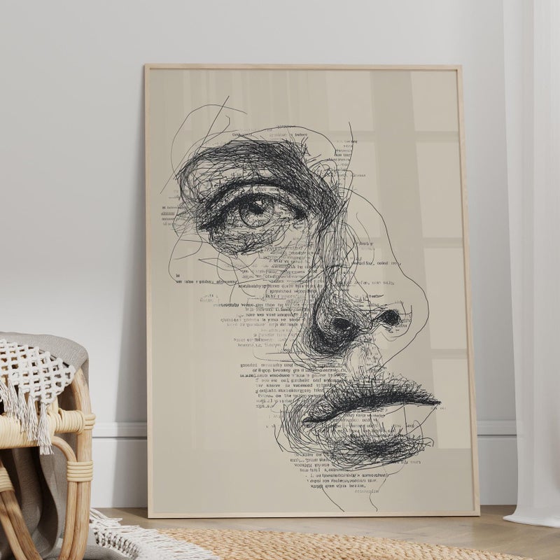 TNESSENTIAL Abstract Face Scribble Line Portrait Poster or Canvas Print, Calligram Human Face Wall Decor, Pen Sketch Drawing Art, Hand Drawn Face Print - Image 1