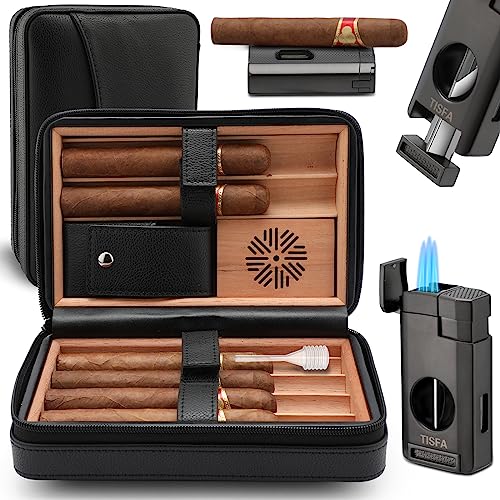 TISFA Cigar Humidor, Leather Cedar Wood Cigar Case with Cigar Lighter, V Cut Cigar Cutter, Cigar Holder 3 in 1, Portable Travel Cigar Humidor Box with Humidifier (Black) - Image 1