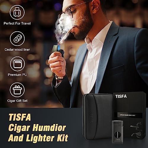 TISFA Cigar Humidor, Leather Cedar Wood Cigar Case with Cigar Lighter, V Cut Cigar Cutter, Cigar Holder 3 in 1, Portable Travel Cigar Humidor Box with Humidifier (Black) - Image 4